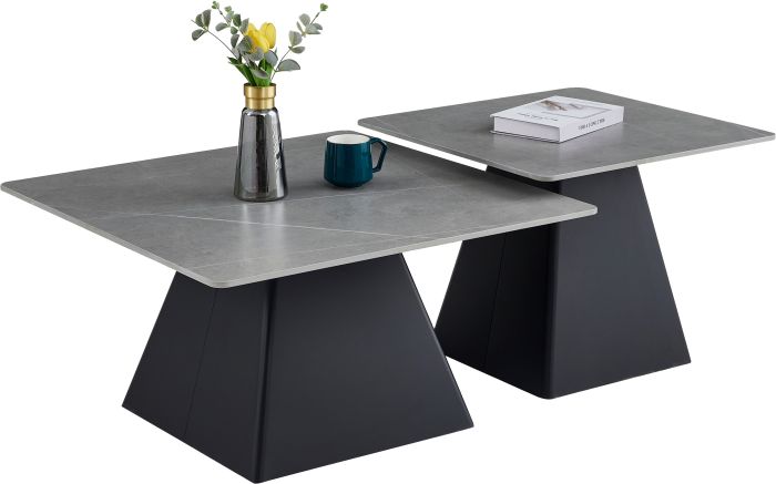 Table basse gigogne design plateau en céramic gris et pieds en acier noir L.80/60 x P.80/60 x H.44/48 cm collection MARCO