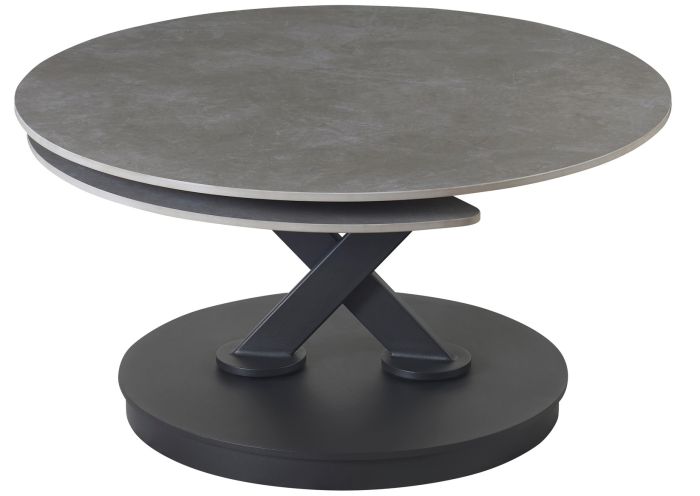 Table basse extensible design plateau en pierre frittée coloris gris clair et pieds en acier coloris noir L.85-127 x P.85 x H.45 cm collection MANILA