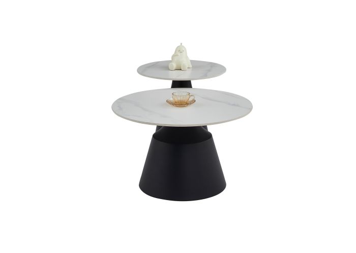 Table basse gigogne ronde design plateau en céramic blanc et pieds en acier noir D.70/50 x H.43/49 cm collection KATERINA