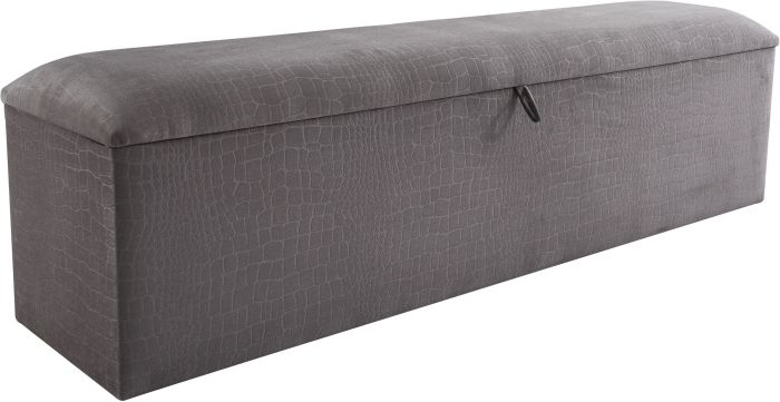 Banc bout de lit coffre avec rangement coloris gris design en velours L. 150 x P. 41 x H. 45 cm collection MOSCOW