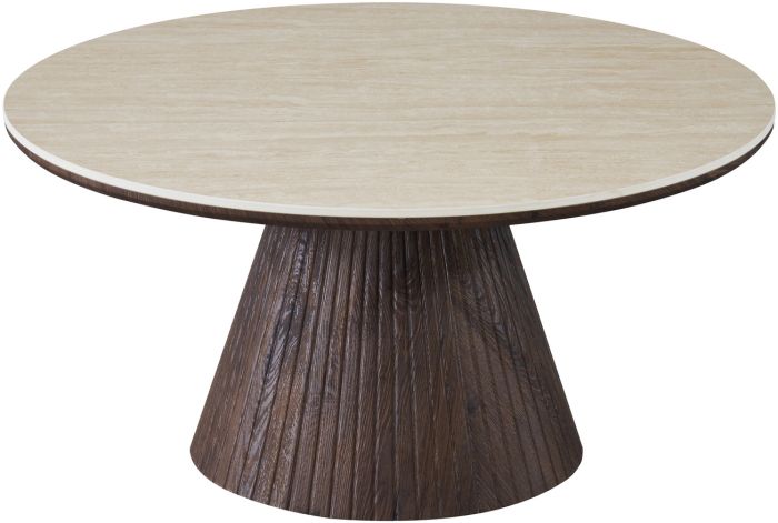 Table basse ronde design plateau en céramique travertin et pieds en MDF effet noyer D.100 x H.45 cm collection SOHO