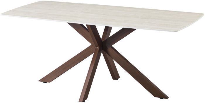 Table de salle à manger design plateau en céramique anti-griffe beige et pieds en métal effet noyer L.180 x P.90 x H.76 cm collection ONTARIO