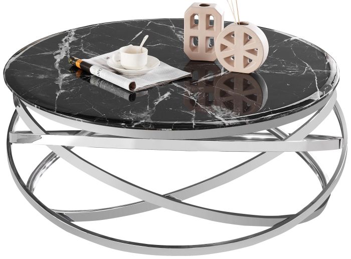 Table basse design rond avec piètement en acier inoxydable poli argenté et plateau en marbre artificiel noir L. 100 x H. 43 cm collection ENRICO