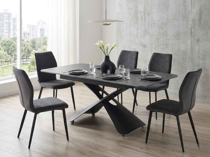 Table basse extensible et évolutive en table de salle à manger design en pierre frittée coloris gris foncé et pieds en acier noir L. 120/150 x P. 80 x H. 45/75 cm collection ALEMA