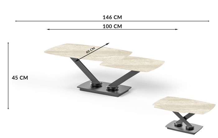 Table basse extensible design plateau en pierre frittée coloris beige et pieds en acier coloris noir L.100-146 x P.60 x H.45 cm collection ALISHA