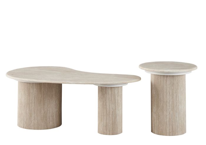 Table basse gigogne design plateau en marbre artificiel et pieds en MDF coloris Beige L.120 x P.70 x H.45 / D.50 x H.55 cm collection DEBRA