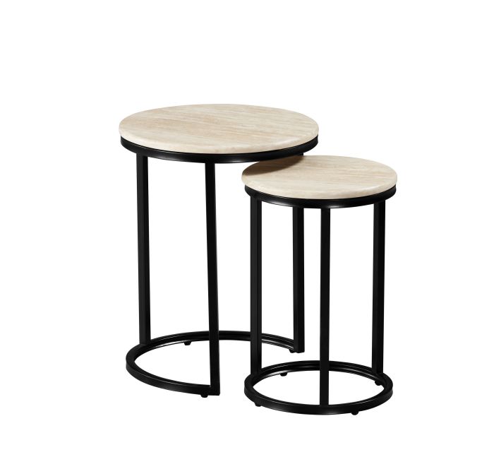 Table basse gigogne ronde design plateau en marbre artificiel et pieds en acier coloris Beige et Noir D.45/34 x H.57/50 cm collection MARJA