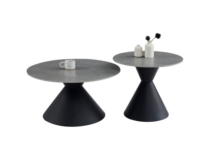 Table basse gigogne ronde design plateau en céramic gris et pieds en acier noir D.80/60 x H.42.5/52 cm collection PABLO