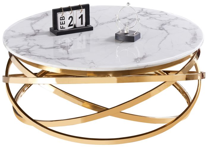 Table basse design rond avec piètement en acier inoxydable poli doré et plateau en marbre artificiel blanc L. 100 x H. 43 cm collection ENRICO