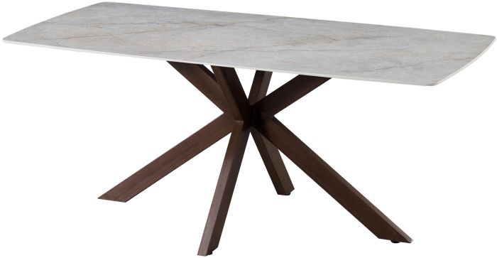 Table de salle à manger design plateau en céramique anti-griffe beige et pieds en métal effet noyer L.180 x P.90 x H.76 cm collection ONTARIO
