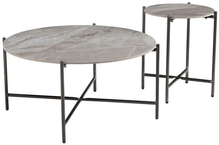 Table basse gigogne ronde design plateau en céramic et pieds en acier coloris Gris D.90/45 x H.45.5/55.5 cm collection SANTIAGO
