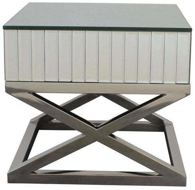 Table d’appoint ultra design piètement croisé en acier inoxydable poli et plateau en miroir L. 60 x P. 48 x H. 58 cm collection GALA