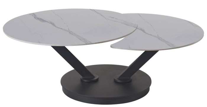 Table basse extensible design plateau en pierre frittée coloris blanc et pieds en acier coloris noir L.85-127 x P.85 x H.45 cm collection MANILA