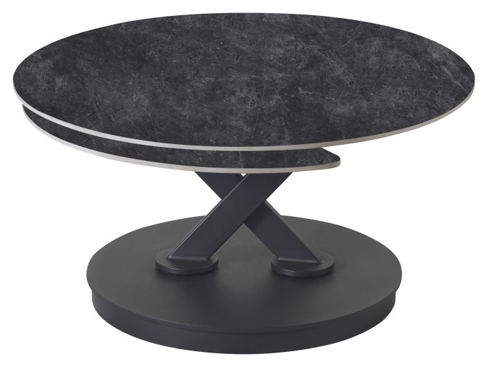 Table basse extensible design plateau en pierre frittée coloris gris foncé et pieds en acier coloris noir L.85-127 x P.85 x H.45 cm collection MANILA
