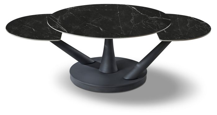 Table basse extensible design plateau en marbre artificiel coloris noir et pieds en acier coloris noir L.85-140 x P.85 x H.45.6 cm collection SAVONA