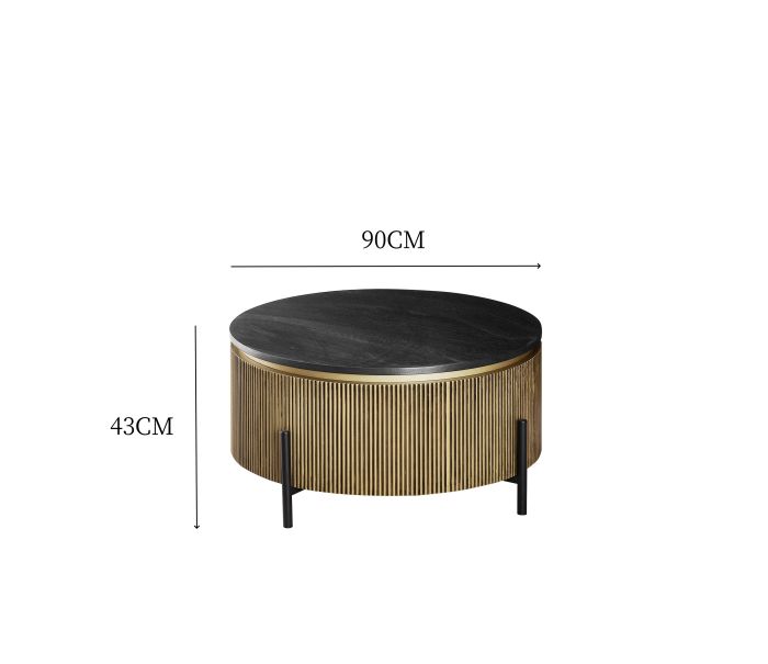 Table basse design plateau en MDF Veneer et pieds en acier coloris Noir et Doré D.90 x H.43 cm collection GUSTA