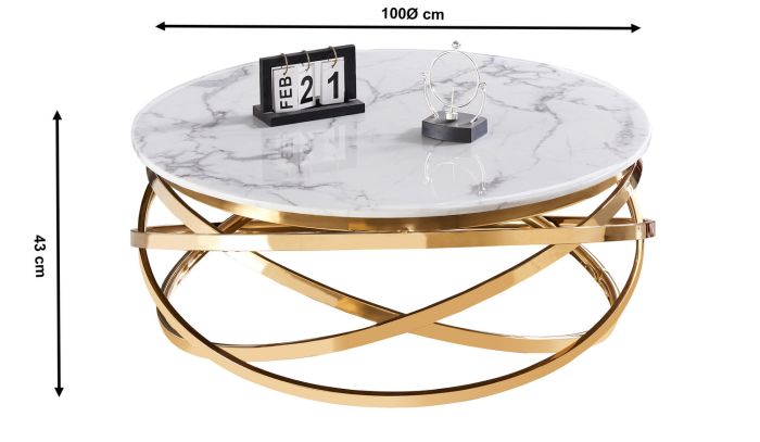 Table basse design rond avec piètement en acier inoxydable poli doré et plateau en marbre artificiel blanc L. 100 x H. 43 cm collection ENRICO