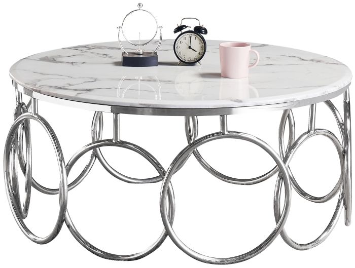 Table basse design en acier argenté avec plateau en marbre artificiel blanc L. 100 x P. 100 x H. 45 cm Collection BRUNO