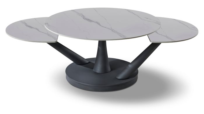 Table basse extensible design plateau en marbre artificiel coloris blanc et pieds en acier coloris noir L.85-140 x P.85 x H.45.6 cm collection SAVONA