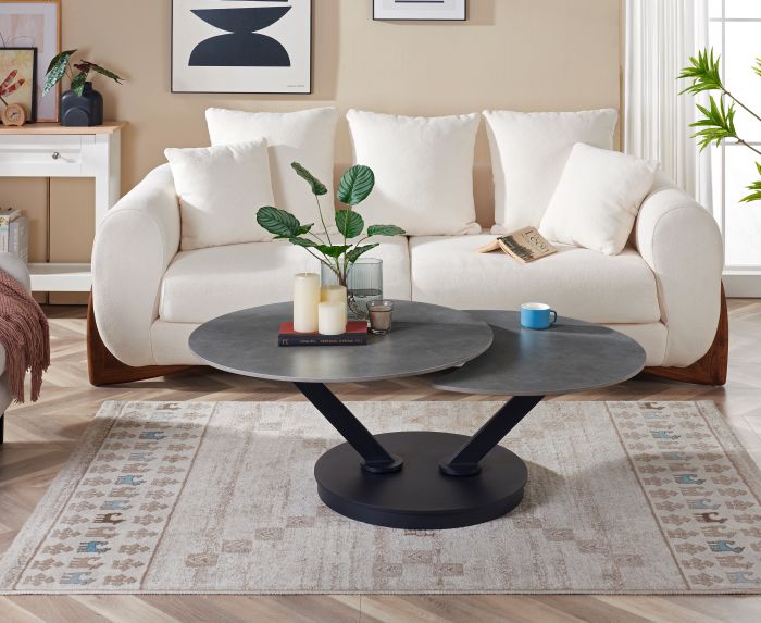 Table basse extensible design plateau en pierre frittée coloris gris clair et pieds en acier coloris noir L.85-127 x P.85 x H.45 cm collection MANILA