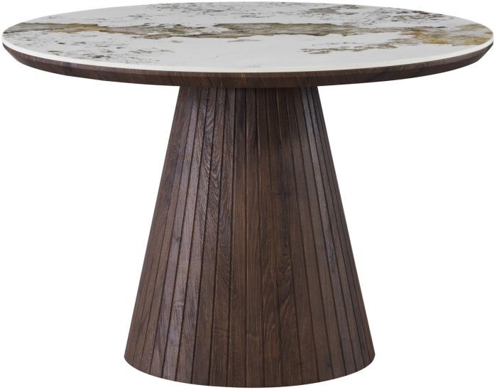Table de salle à manger ronde design plateau en céramique travertin et pieds en MDF effet noyer D.120 x H.76 cm collection MAYFAIR