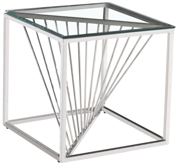 Table d'appoint design en acier inoxydable poli argenté et plateau en verre trempé transparent L. 55 x P. 55 x H. 55 cm collection BOLZANO
