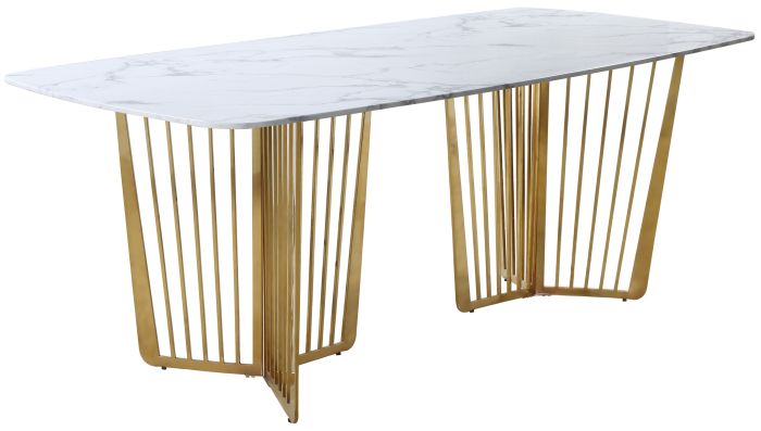 Table de salle à manger design avec plateau en marbre blanc et pieds en acier doré L. 200 x P. 100 x H. 76 cm Collection FASTRO