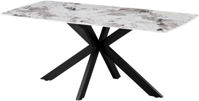 Table de salle à manger design plateau en céramique anti-griffe blanc et beige et pieds en métal noir L.180 x P.90 x H.76 cm collection ONTARIO
