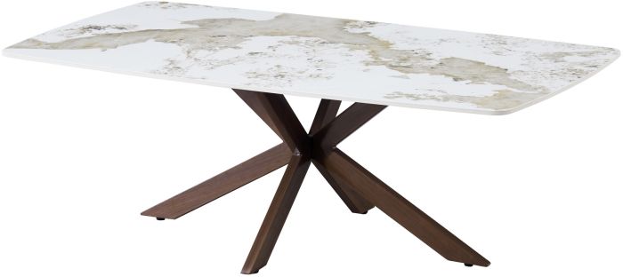 Table basse design plateau en céramique anti-griffe coloris beige et pandora et pieds en métal effet noyer L.130 x P.70 x H.45 cm collection ONTARIO