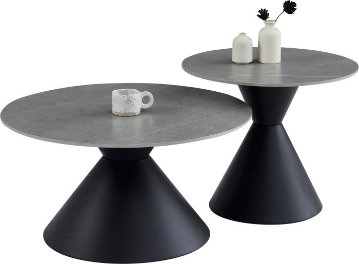 Table basse gigogne ronde design plateau en céramic gris et pieds en acier noir D.80/60 x H.42.5/52 cm collection PABLO