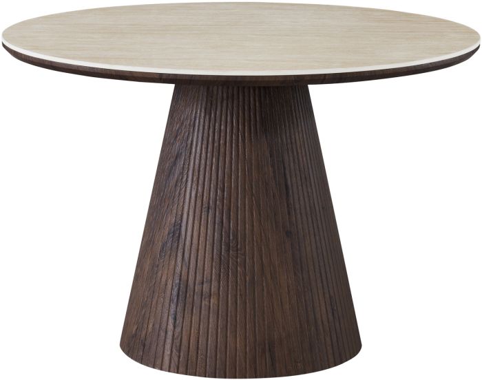 Table de salle à manger ronde design plateau en céramique travertin et pieds en MDF effet noyer D.120 x H.76 cm collection SOHO