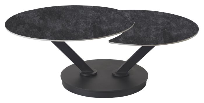 Table basse extensible design plateau en pierre frittée coloris gris foncé et pieds en acier coloris noir L.85-127 x P.85 x H.45 cm collection MANILA