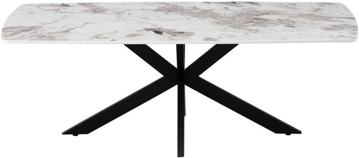 Table basse design plateau en céramique anti-griffe blanc et beige et pieds en métal noir L.130 x P.70 x H.45 cm collection ONTARIO