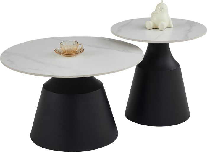 Table basse gigogne ronde design plateau en céramic blanc et pieds en acier noir D.70/50 x H.43/49 cm collection KATERINA