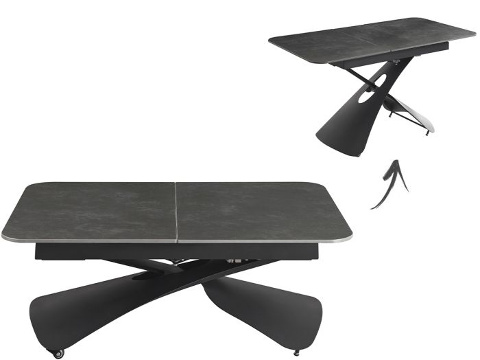 Table basse extensible et évolutive en table de salle à manger design en pierre frittée coloris gris foncé et pieds en acier noir L. 120/150 x P. 80 x H. 45/75 cm collection ALEMA