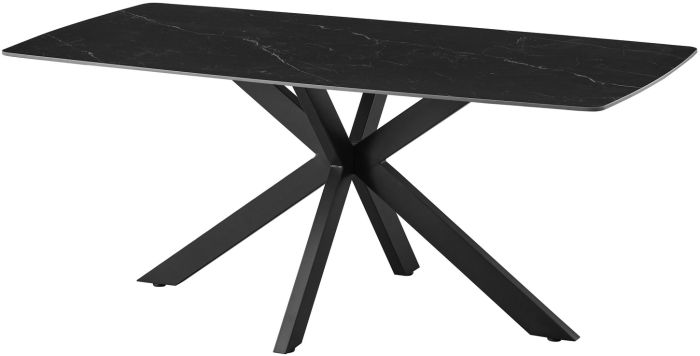 Table de salle à manger design plateau en céramique anti-griffe noir et pieds en métal noir L.180 x P.90 x H.76 cm collection ONTARIO