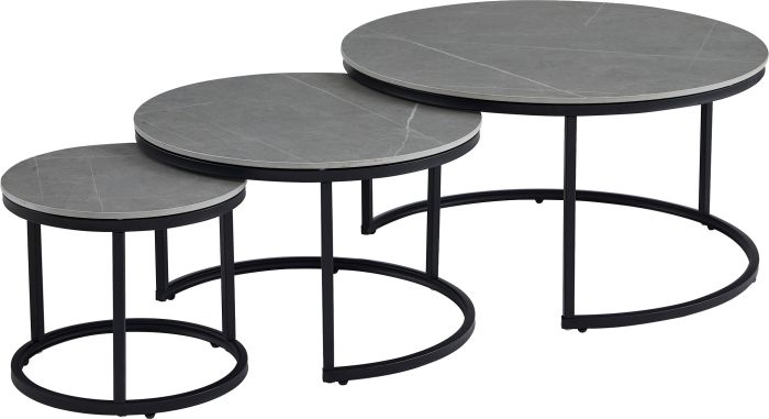 Table basse gigogne ronde design plateau en céramic et pieds en acier coloris Gris D.80/60/40 x H.42.5/38.5/34.5 cm collection MARTA