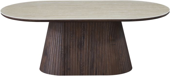 Table basse ovale design plateau en céramique travertin et pieds en MDF effet noyer L.130 x P.70 x H.45 cm collection SOHO