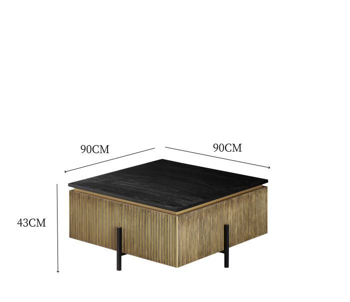 Table basse design plateau en MDF Veneer et pieds en acier coloris Noir et Doré L.90 x P.90 x H.43 cm collection GUSTA
