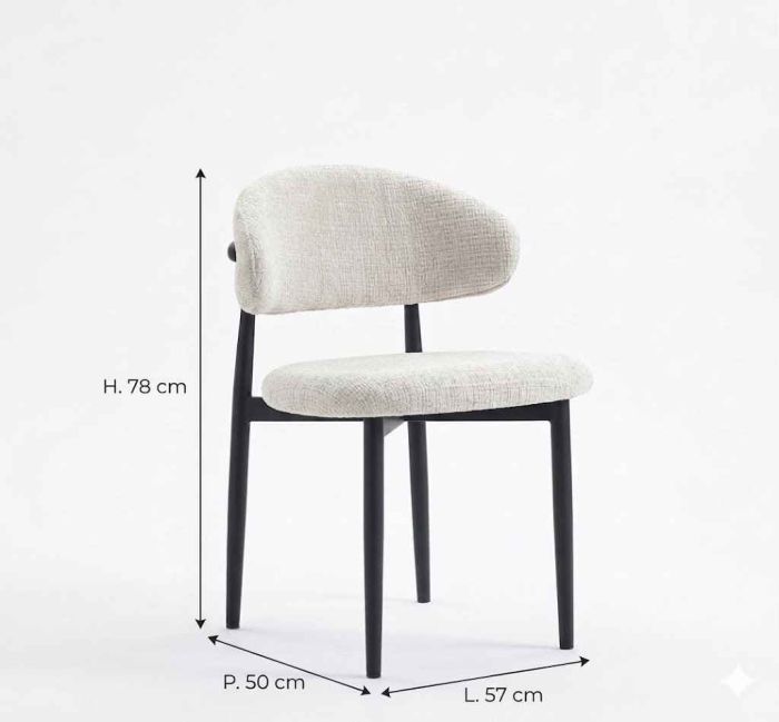 Chaise de salle à manger design revêtement en tissu crème et pieds en acier noir L.57 x P.50 x H.78 cm collection LUNO