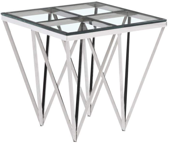 Table d'appoint design en acier inoxydable poli argenté et plateau en verre trempé transparent L. 55 x P. 55 x H. 52 cm collection VERONA