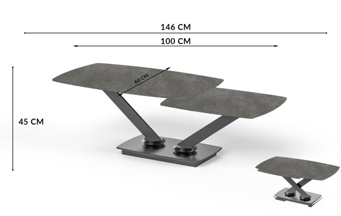 Table basse extensible design plateau en pierre frittée coloris gris clair et pieds en acier coloris noir L.100-146 x P.60 x H.45 cm collection ALISHA