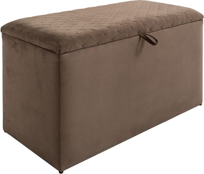 Banc bout de lit coffre avec rangement coloris taupe design en velours L. 80 x P. 41 x H. 45 cm collection MILANO