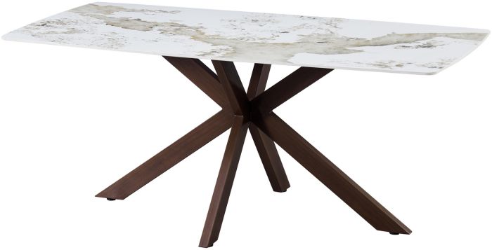 Table de salle à manger design plateau en céramique anti-griffe coloris beige et pandora et pieds en métal effet noyer L.180 x P.90 x H.76 cm collection ONTARIO