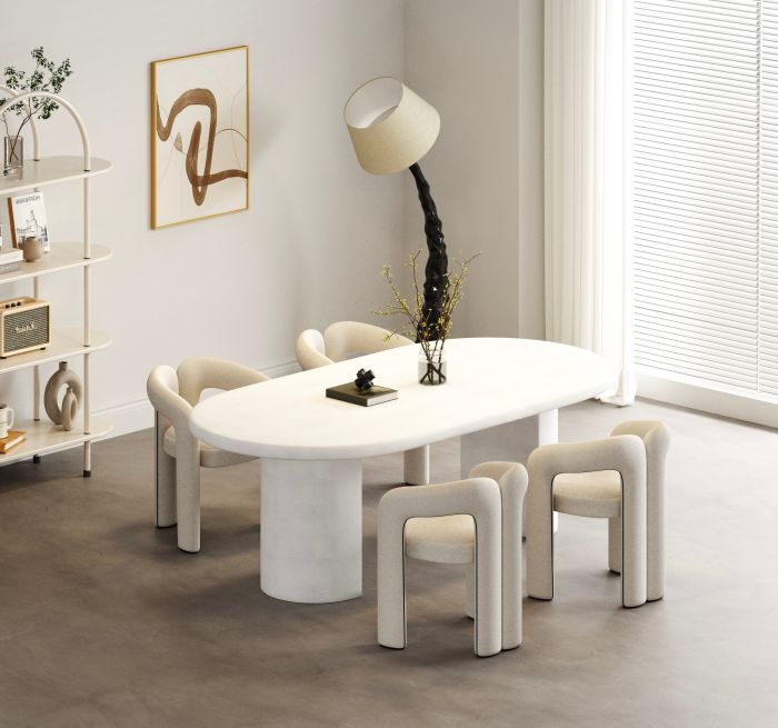 Table de salle à manger design plateau en Bois mdf avec peinture laqué effet beton coloris blanc L.230 x P.115 x H.77 cm collection MILA