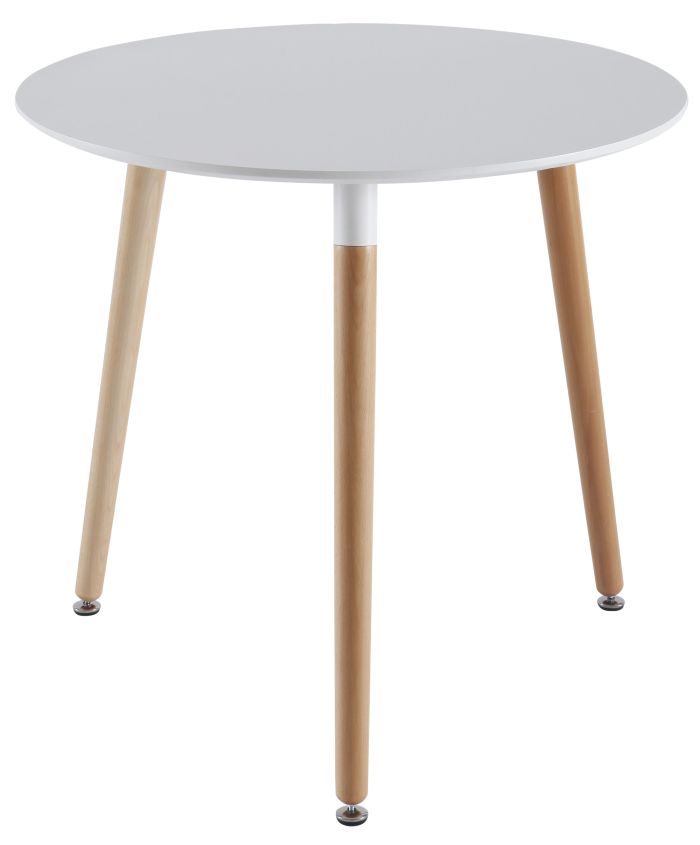 Table coloris blanc scandinave ronde plateau laqué et piètement en bois massif Diamètre 80 cm x H. 75 cm Collection Saintandre