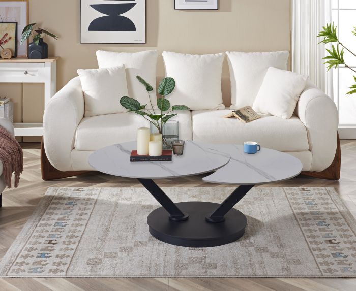 Table basse extensible design plateau en pierre frittée coloris blanc et pieds en acier coloris noir L.85-127 x P.85 x H.45 cm collection MANILA