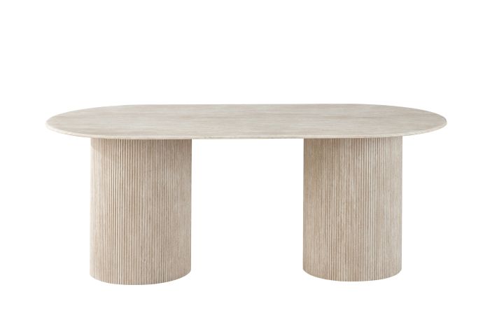 Table de salle à manger ovale design plateau en marbre artificiel et pieds en MDF coloris beige l L.200 x P.100 x H.76 cm collection DEBRA