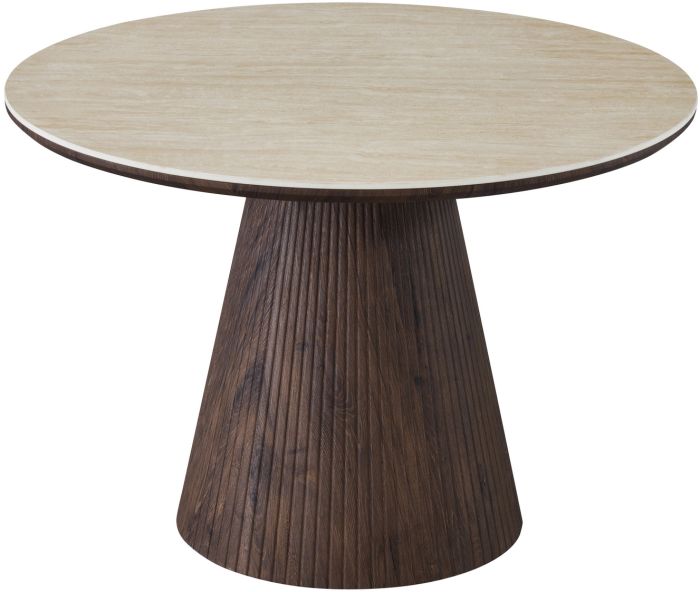 Table de salle à manger ronde design plateau en céramique travertin et pieds en MDF effet noyer D.120 x H.76 cm collection SOHO