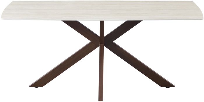 Table de salle à manger design plateau en céramique anti-griffe beige et pieds en métal effet noyer L.180 x P.90 x H.76 cm collection ONTARIO